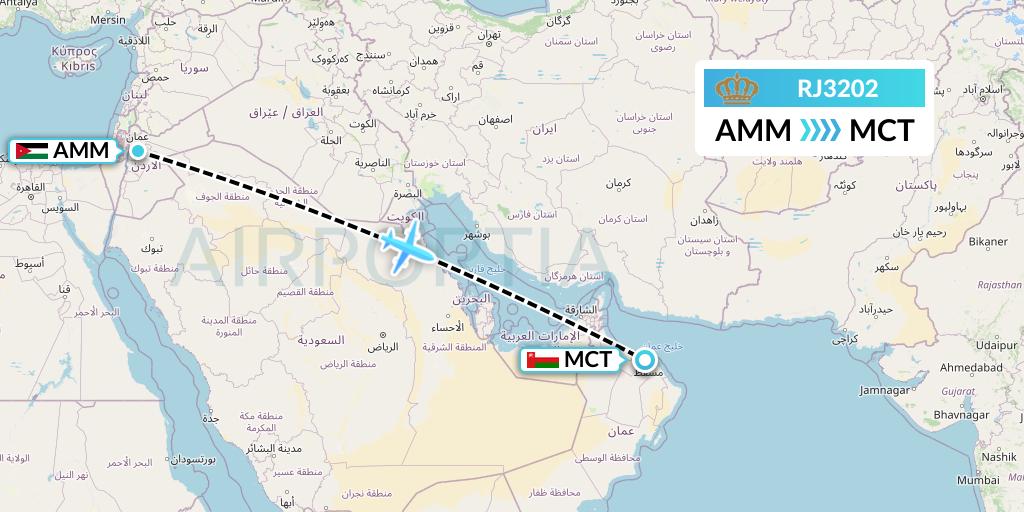 RJ3202 Royal Jordanian Flight Map: Amman to Muscat