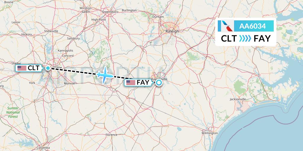 AA6034 American Airlines Flight Map: Charlotte to Fayetteville