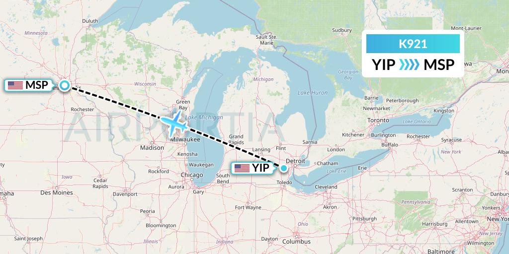 K921 Kalitta Charters Flight Map: Detroit to Minneapolis