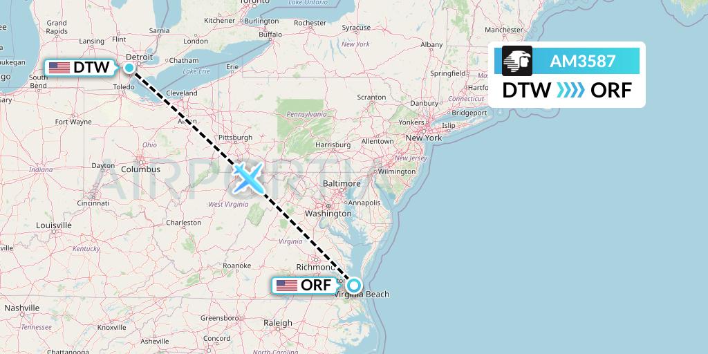 AM3587 Aeromexico Flight Map: Detroit to Norfolk