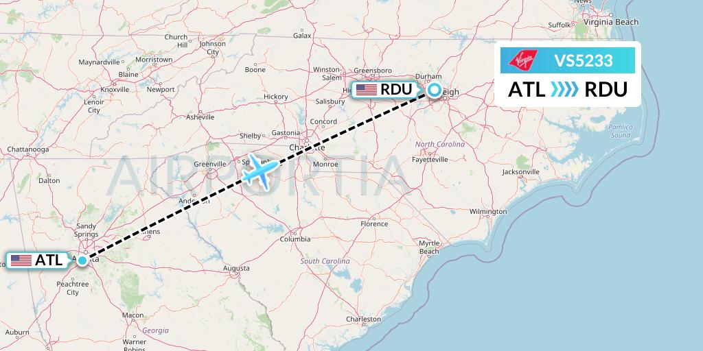 VS5233 Virgin Atlantic Airways Flight Map: Atlanta to Raleigh-Durham
