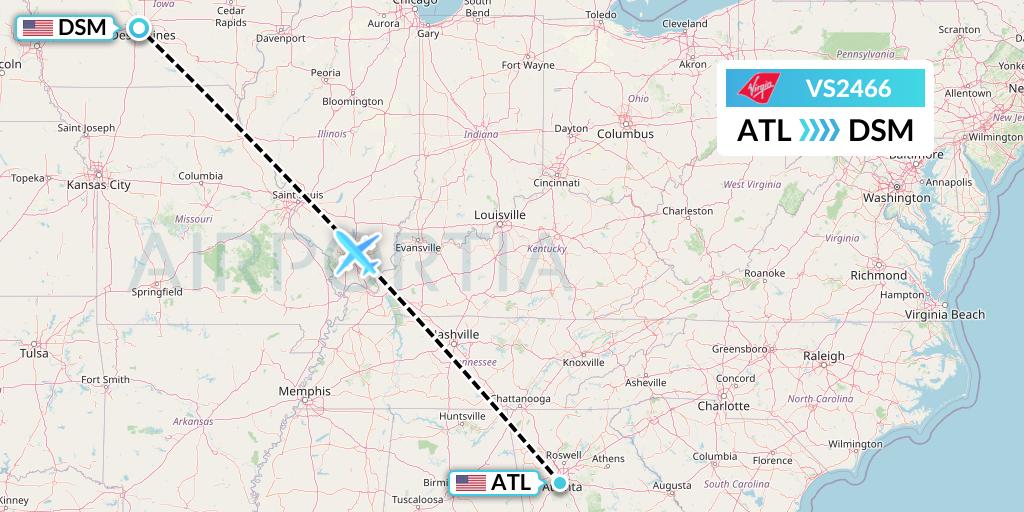 VS2466 Virgin Atlantic Airways Flight Map: Atlanta to Des Moines