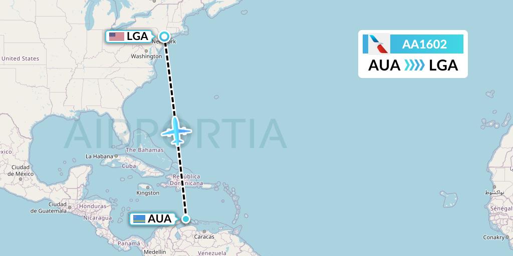 AA1602 American Airlines Flight Map: Oranjestad to New York