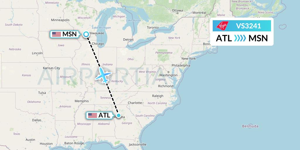 VS3241 Virgin Atlantic Airways Flight Map: Atlanta to Madison