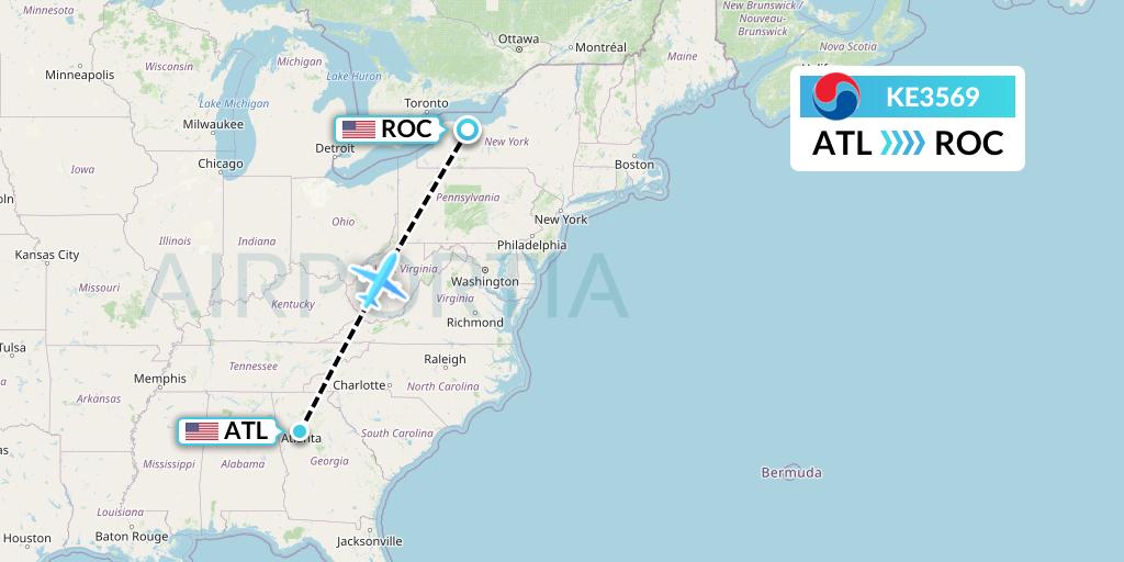 KE3569 Korean Air Flight Map: Atlanta to Rochester
