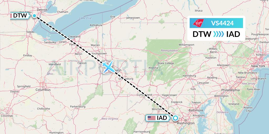 VS4424 Virgin Atlantic Airways Flight Map: Detroit to Washington