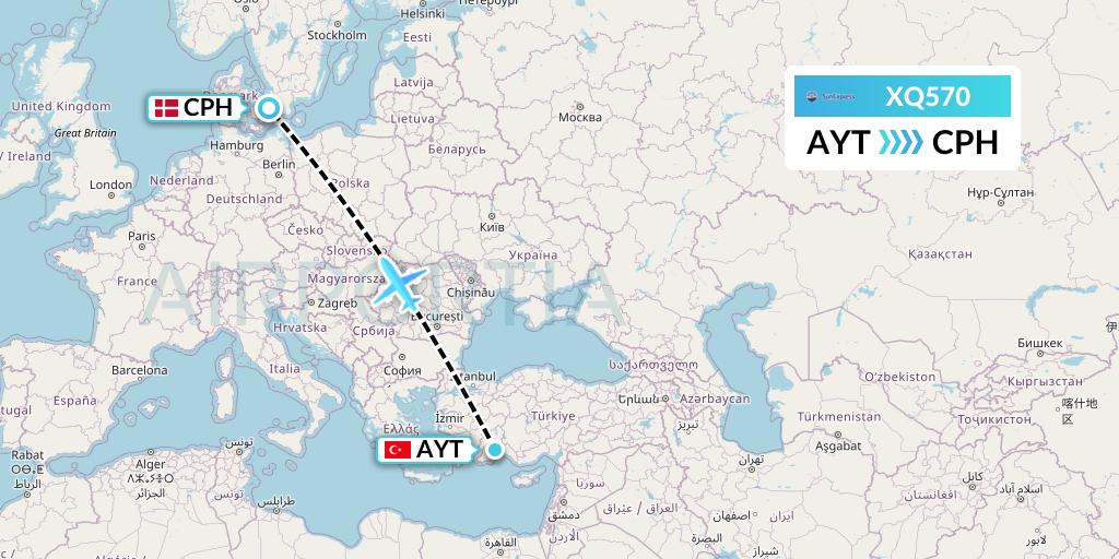 XQ570 SunExpress Flight Map: Antalya to Copenhagen