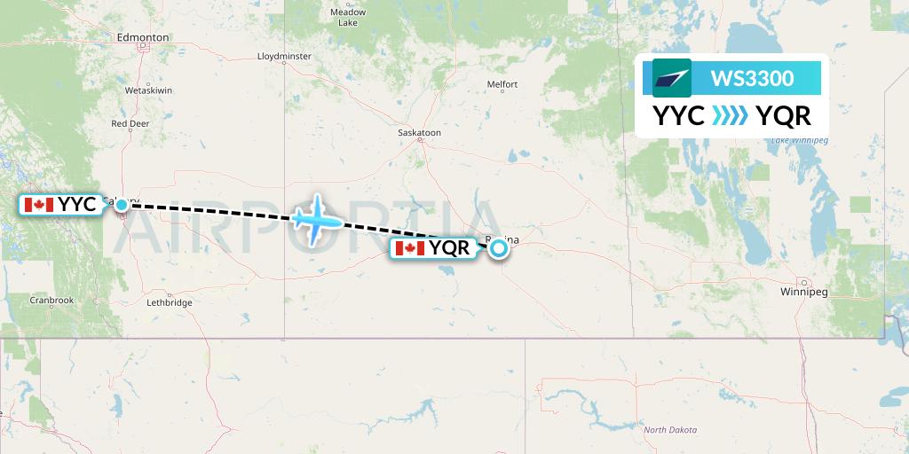 WS3300 WestJet Flight Map: Calgary to Regina