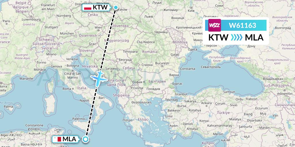 W61163 Wizz Air Flight Map: Katowice to Malta