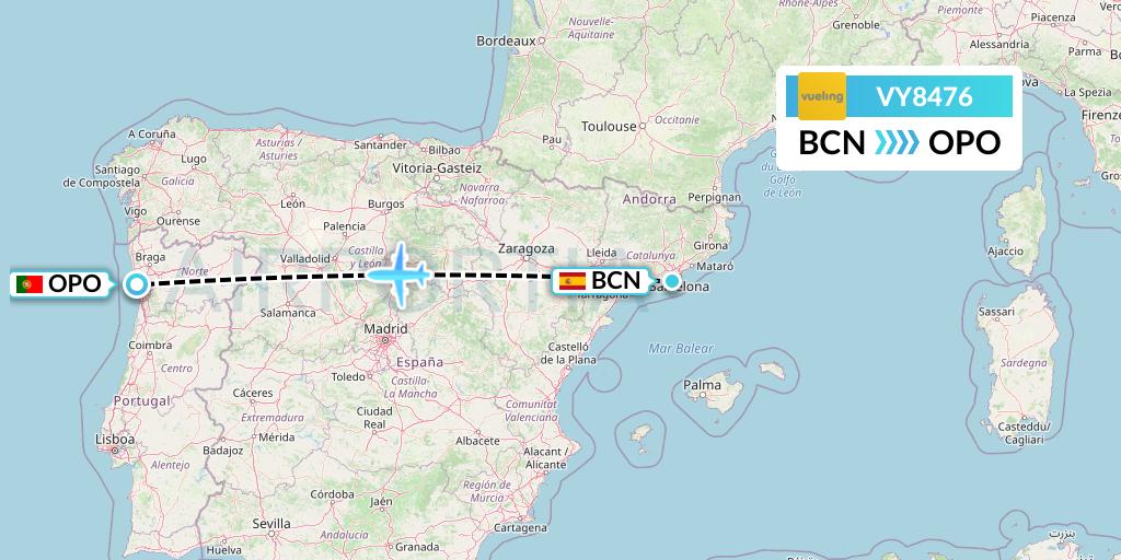 VY8476 Vueling Flight Map: Barcelona to Porto