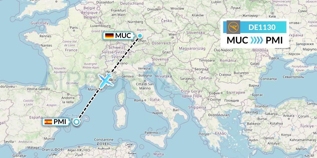 DE1130 Condor Flight Map: Munich to Palma de Mallorca