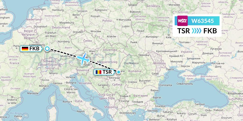 W63545 Wizz Air Flight Map: Timisoara to Karlsruhe/Baden-Baden