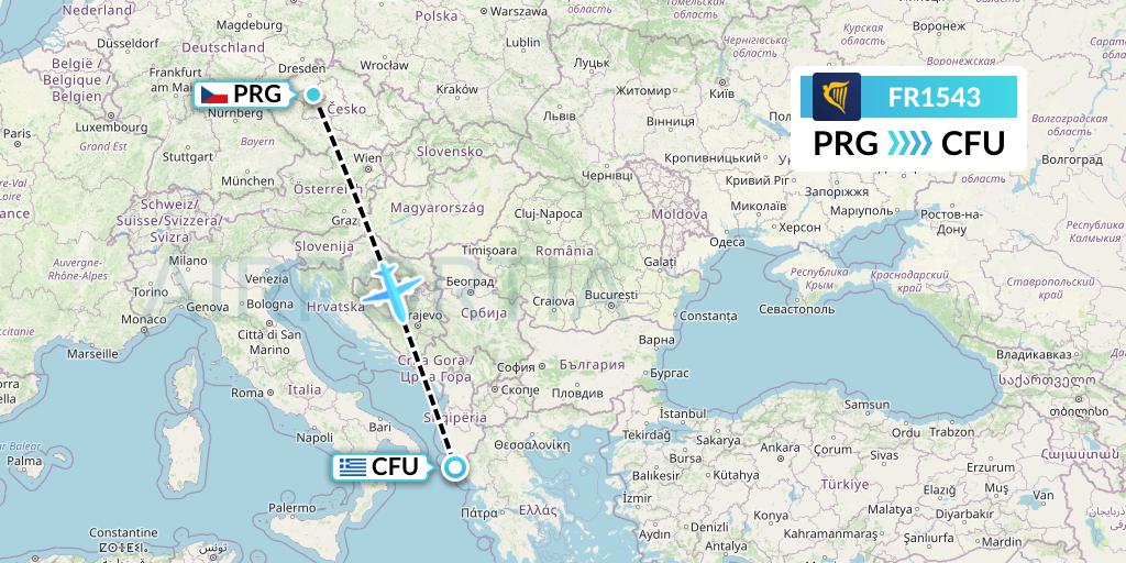 FR1543 Ryanair Flight Map: Prague to Corfu