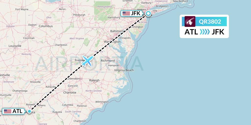 QR3802 Qatar Airways Flight Map: Atlanta to New York