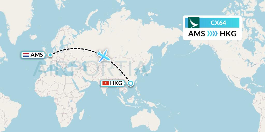 CX64 Cathay Pacific Flight Map: Amsterdam to Hong Kong