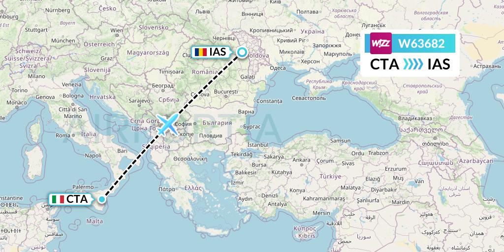 W63682 Wizz Air Flight Map: Catania to Iasi