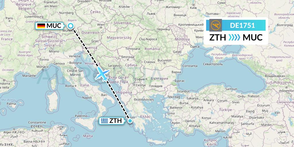 DE1751 Condor Flight Map: Zakynthos to Munich