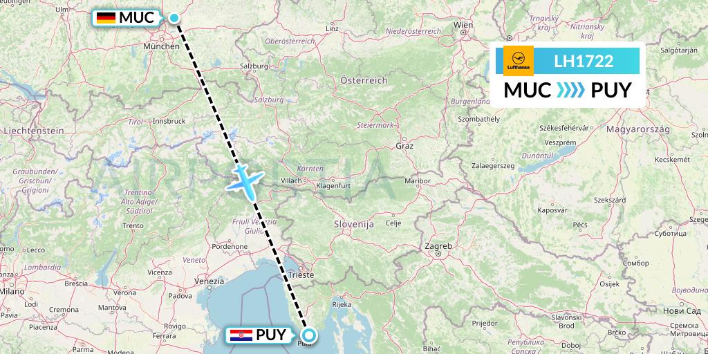 LH1722 Lufthansa Flight Map: Munich to Pula