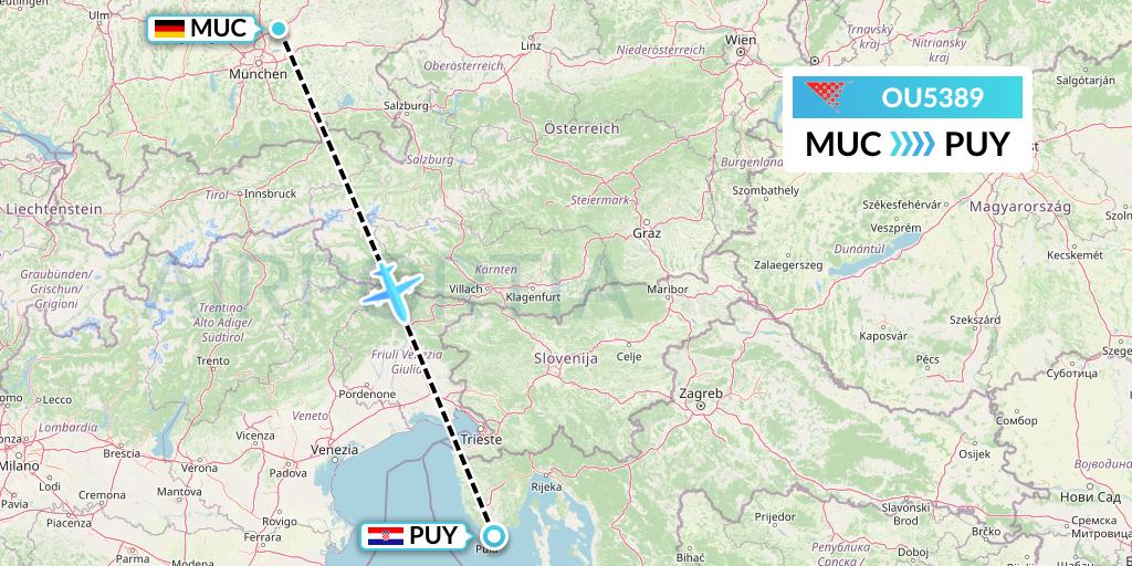 OU5389 Croatia Airlines Flight Map: Munich to Pula
