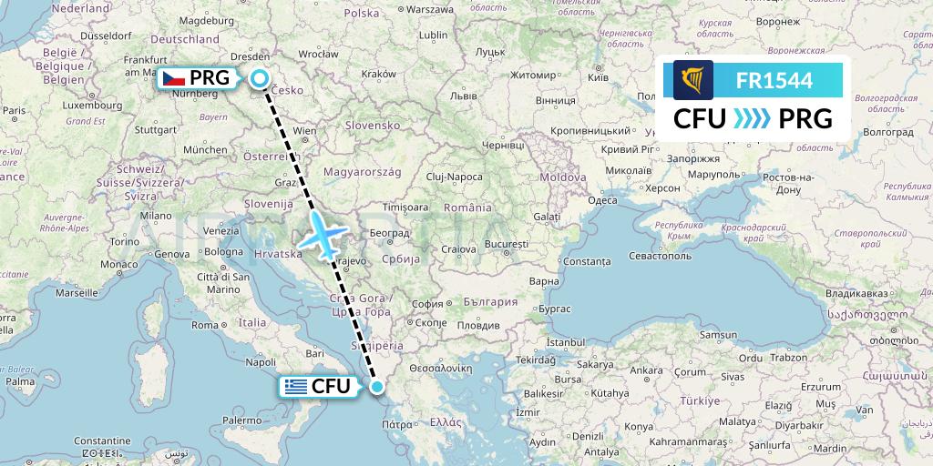 FR1544 Ryanair Flight Map: Corfu to Prague