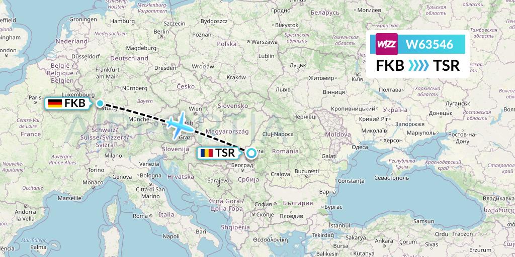 W63546 Wizz Air Flight Map: Karlsruhe/Baden-Baden to Timisoara