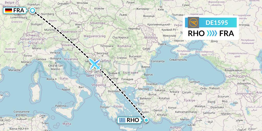 DE1595 Condor Flight Map: Rhodes to Frankfurt