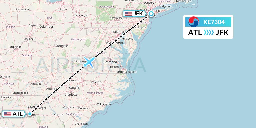 KE7304 Korean Air Flight Map: Atlanta to New York