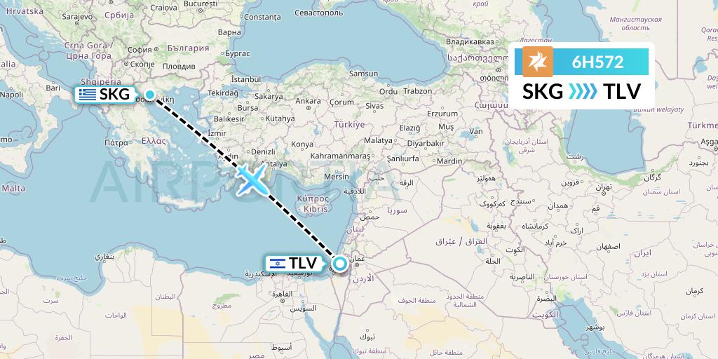 6H572 Israir Airlines Flight Map: Thessaloniki to Tel Aviv