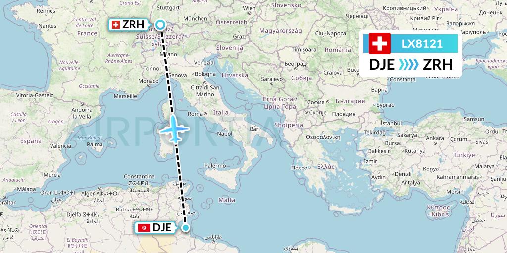 LX8121 Swiss Flight Map: Djerba to Zurich