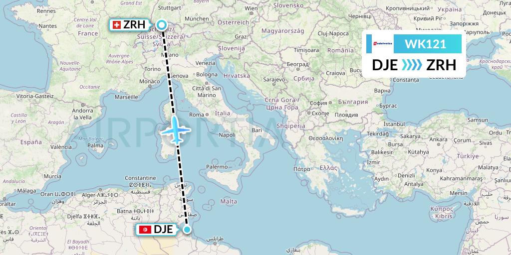 WK121 Edelweiss Air Flight Map: Djerba to Zurich