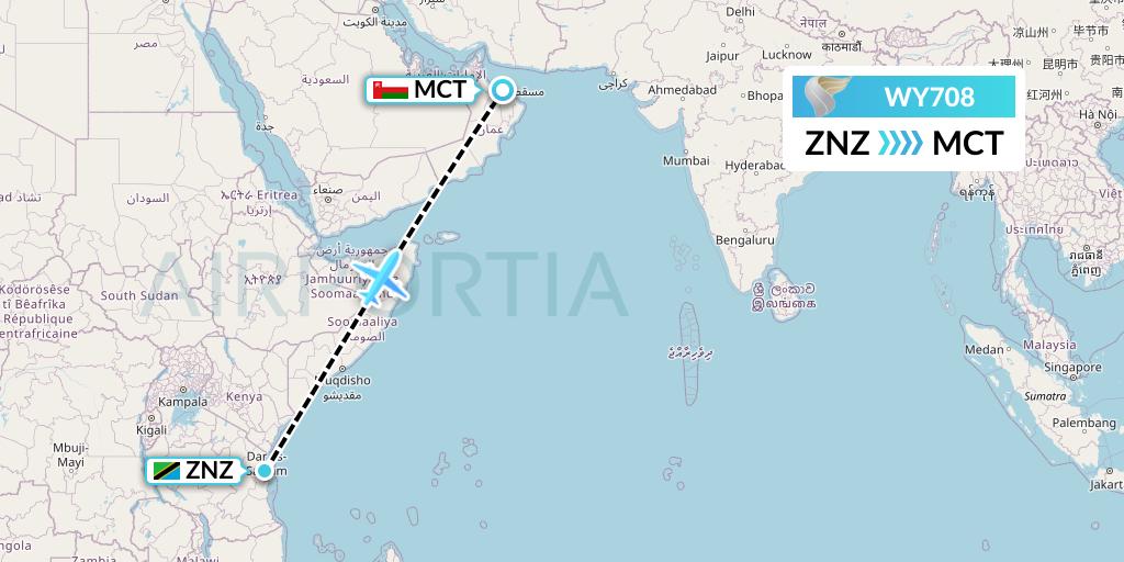 WY708 Oman Air Flight Map: Zanzibar to Muscat