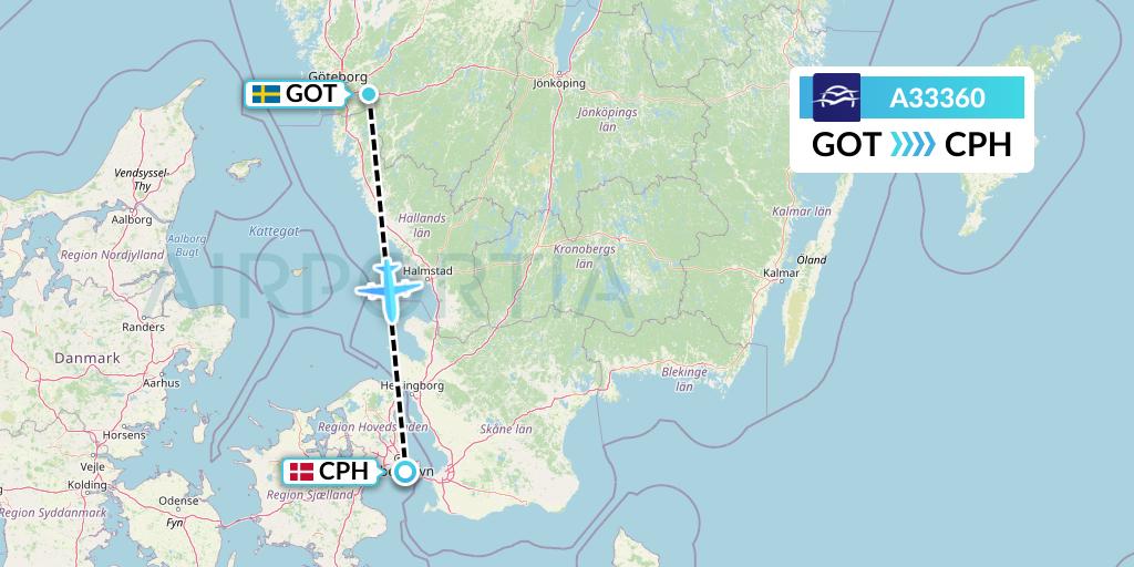 A33360 Aegean Airlines Flight Map: Gothenburg to Copenhagen