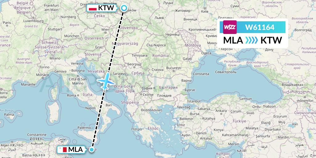 W61164 Wizz Air Flight Map: Malta to Katowice