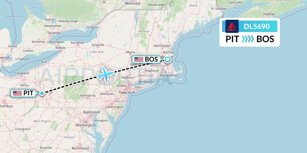 DL5690 Delta Air Lines Flight Map: Pittsburgh to Boston