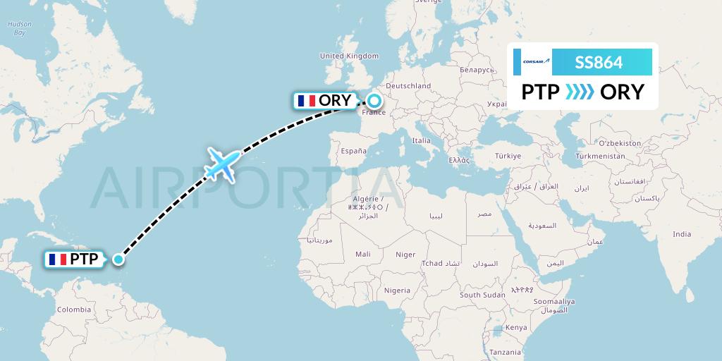 SS864 Corsair Flight Map: Pointe-a-Pitre to Paris