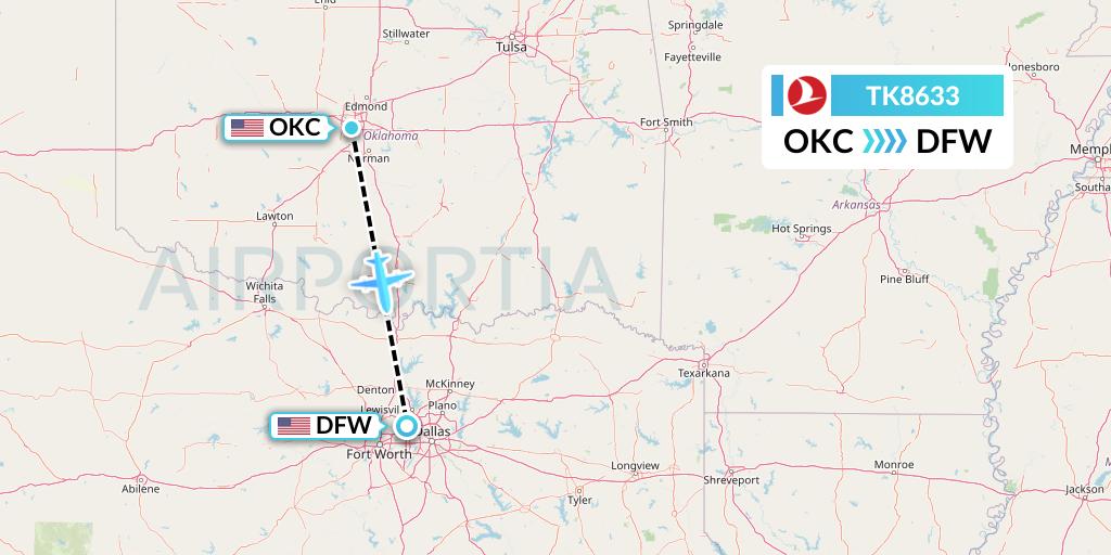 TK8633 Turkish Airlines Flight Map: Oklahoma City to Dallas
