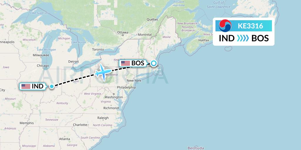 KE3316 Korean Air Flight Map: Indianapolis to Boston