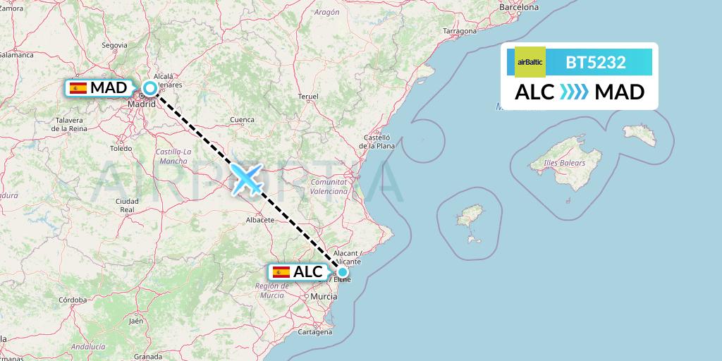 BT5232 Air Baltic Flight Map: Alicante to Madrid