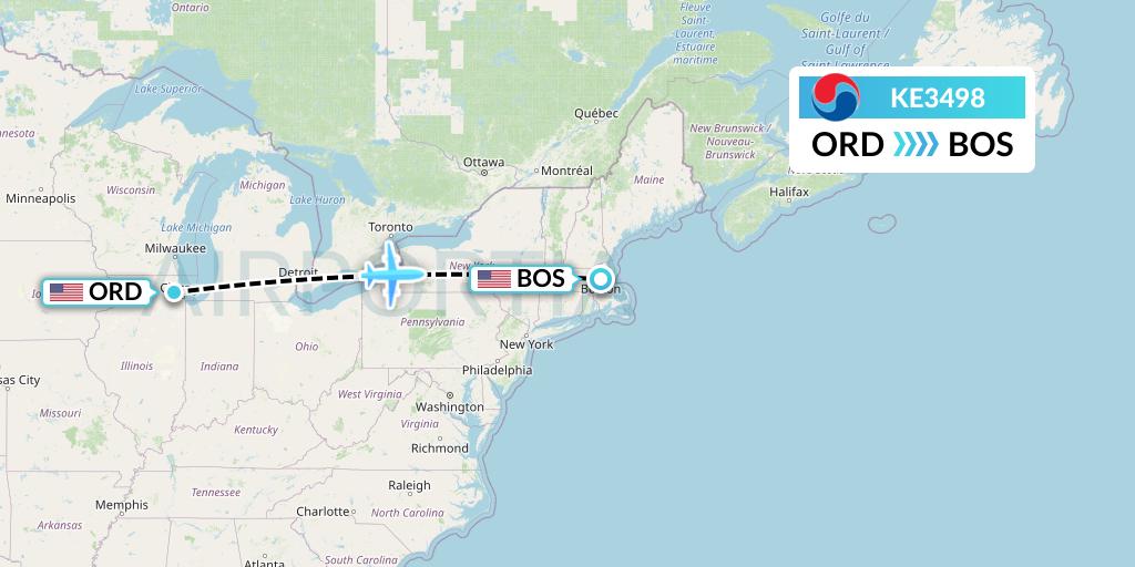 KE3498 Korean Air Flight Map: Chicago to Boston
