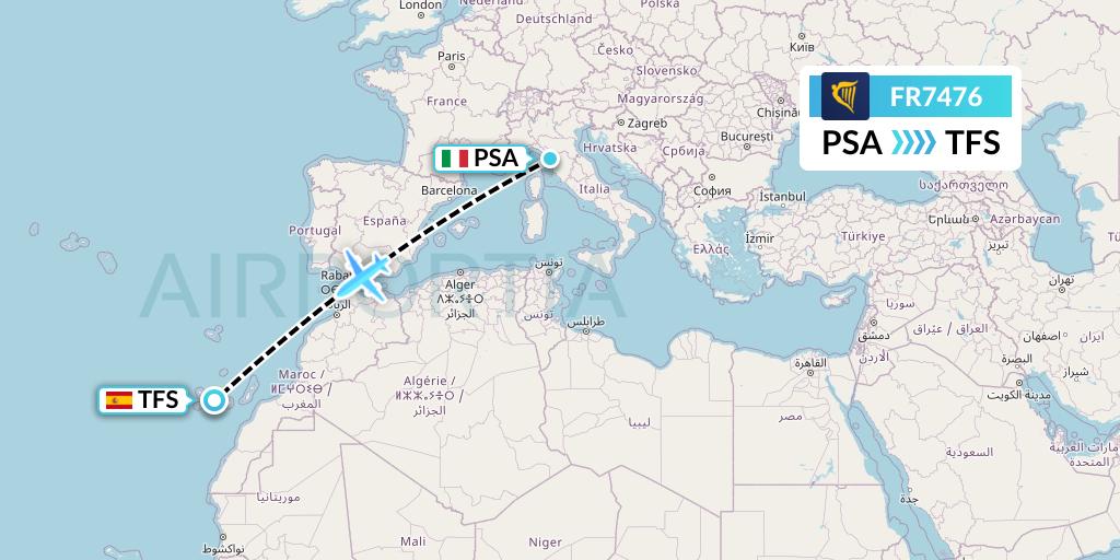 FR7476 Ryanair Flight Map: Pisa to Tenerife