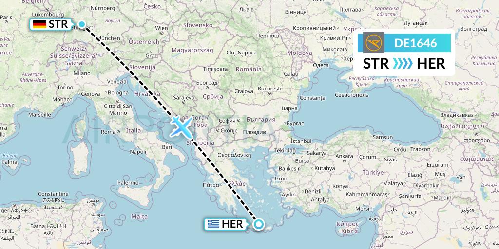 DE1646 Condor Flight Map: Stuttgart to Heraklion