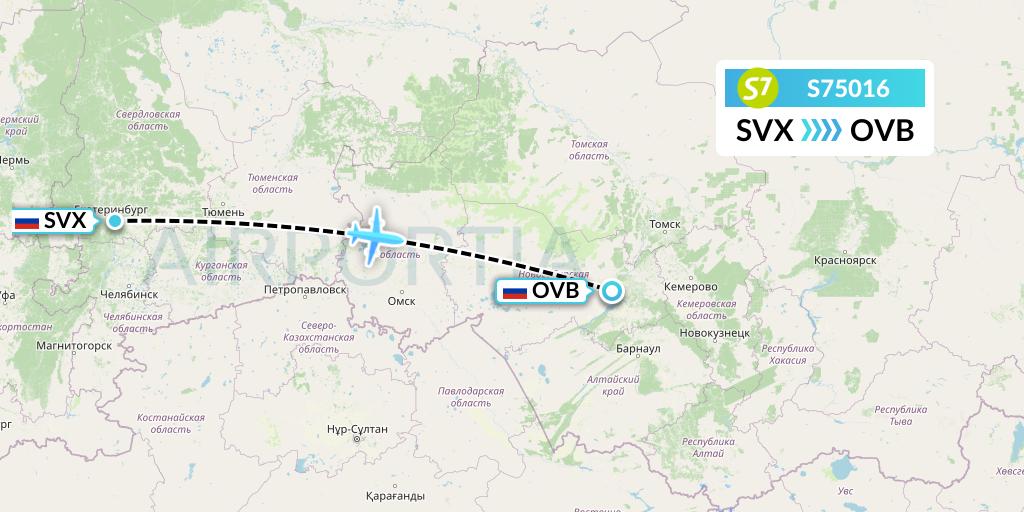 S75016 S7 Airlines Flight Map: Yekaterinburg to Novosibirsk