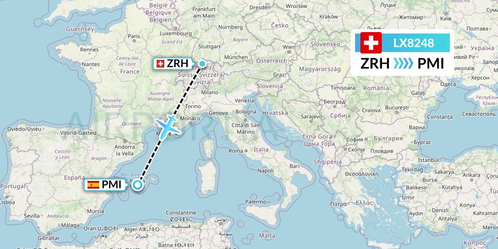 LX8248 Swiss Flight Map: Zurich to Palma de Mallorca