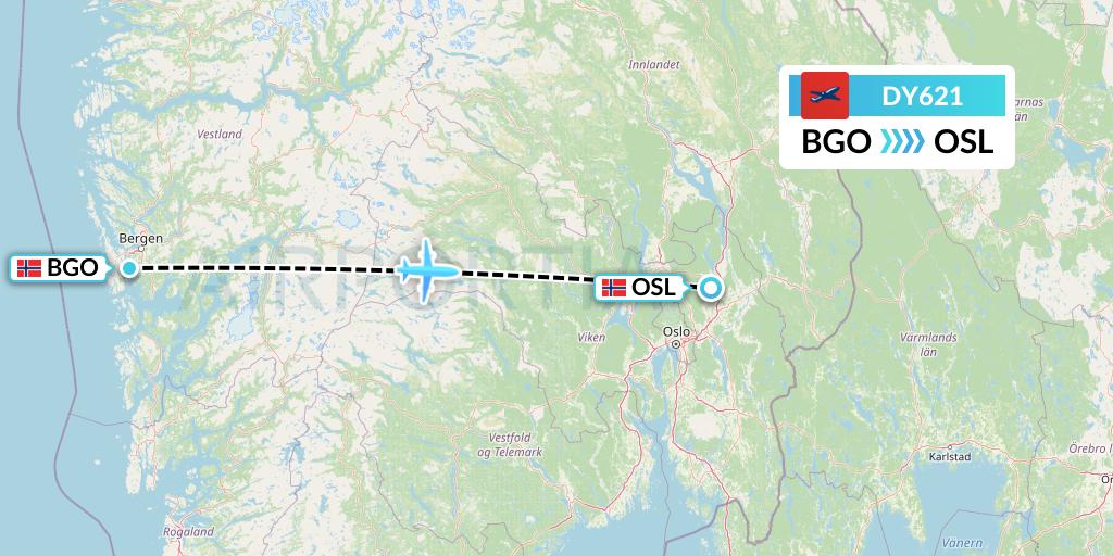 DY621 Norwegian Flight Map: Bergen to Oslo