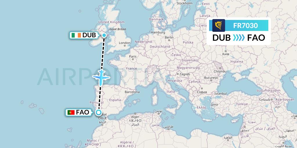 FR7030 Ryanair Flight Map: Dublin to Faro
