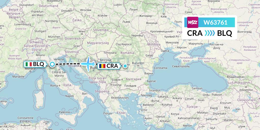 W63761 Wizz Air Flight Map: Craiova to Bologna