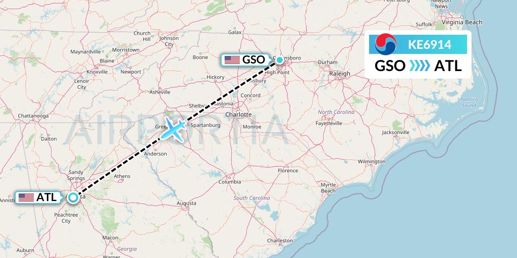 KE6914 Korean Air Flight Map: Greensboro to Atlanta