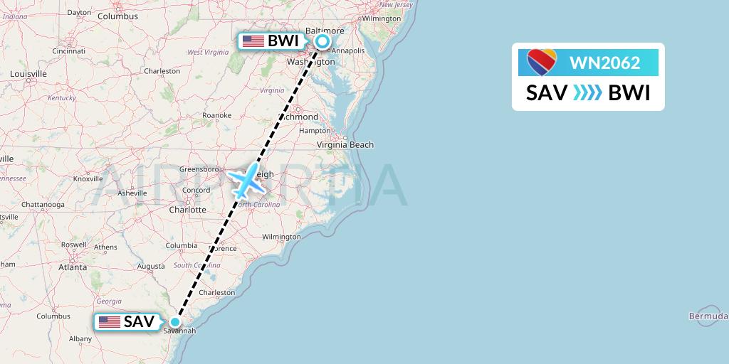 WN2062 Southwest Airlines Flight Map: Savannah to Baltimore