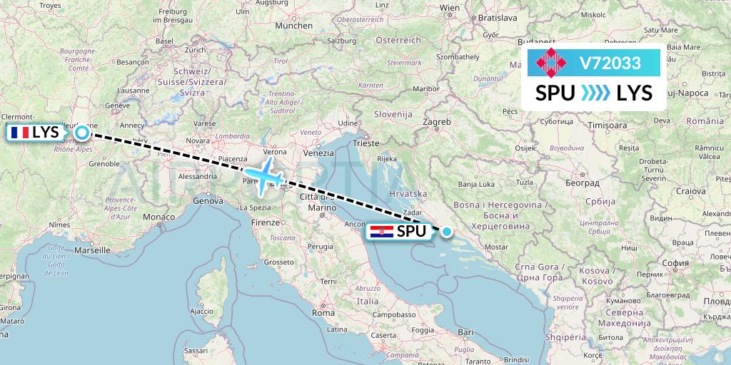 V72033 Volotea Flight Map: Split to Lyon