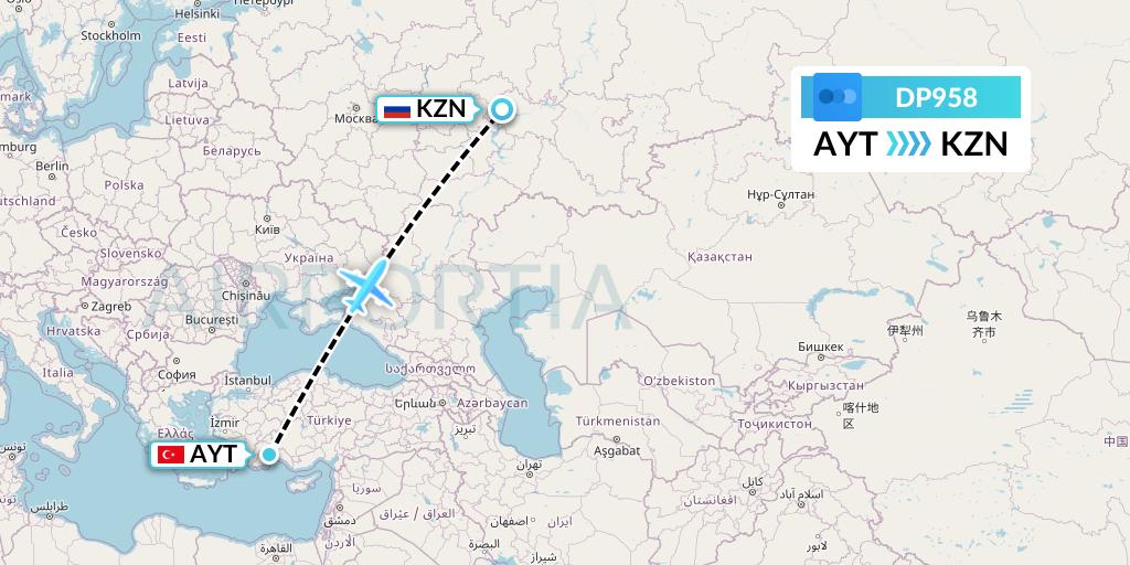 DP958 Pobeda Flight Map: Antalya to Kazan
